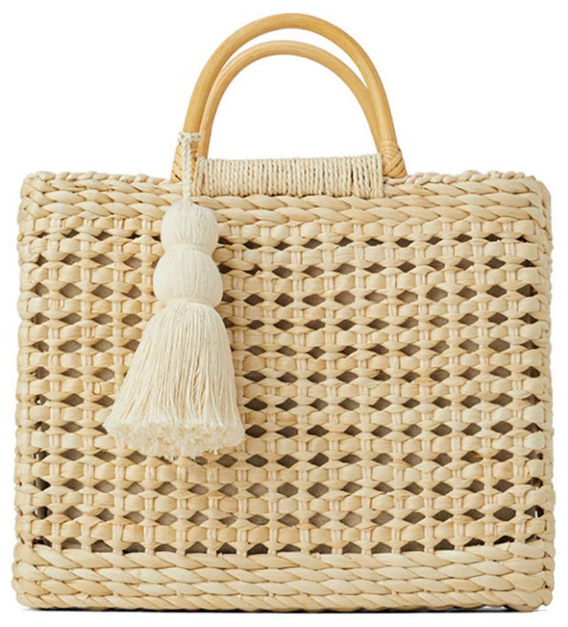 QZUnique Straw Bucket Bags for Women Top Handle Drawstring Woven Handbag Shoulder Bag Summer Beach Purses with Bamboo Handle - Image 1